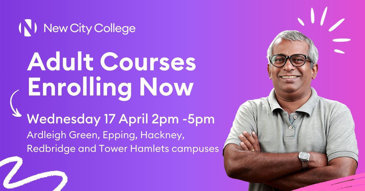 Last chance to start a course this April 2024. Join our Adult recruitment event on Wednesday 17 April 2024 - 2 pm - 5 pm to enrol:bit.ly/4aL61s6