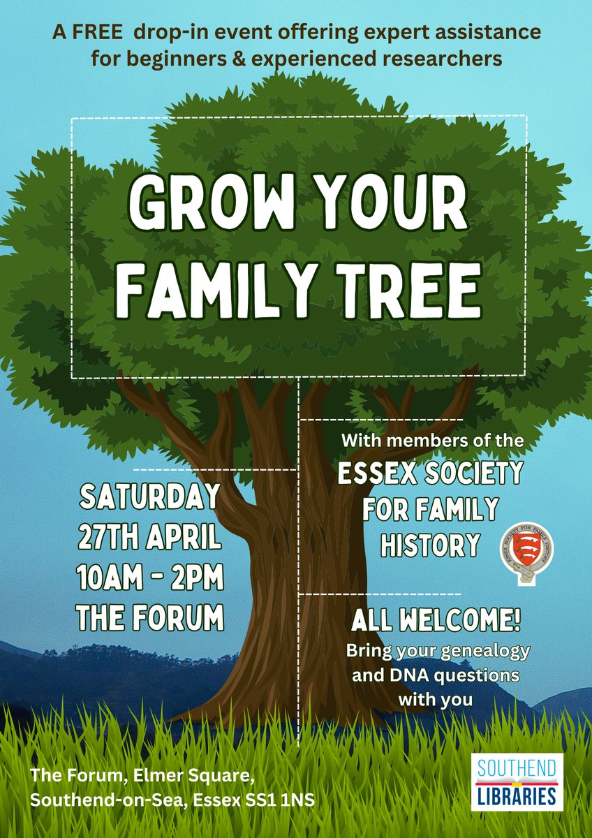 GROW YOUR FAMILY TREE 🌳🔍 Looking to explore the branches of your family tree? @southendlibrary have the perfect event for you! Discover expert assistance from @EssexSfh at this FREE, drop-in event 👇👇 📌 The Forum 📅 Sat 27 April 🕑 10am - 2pm 🔗 visitsouthend.co.uk/grow-your-fami…