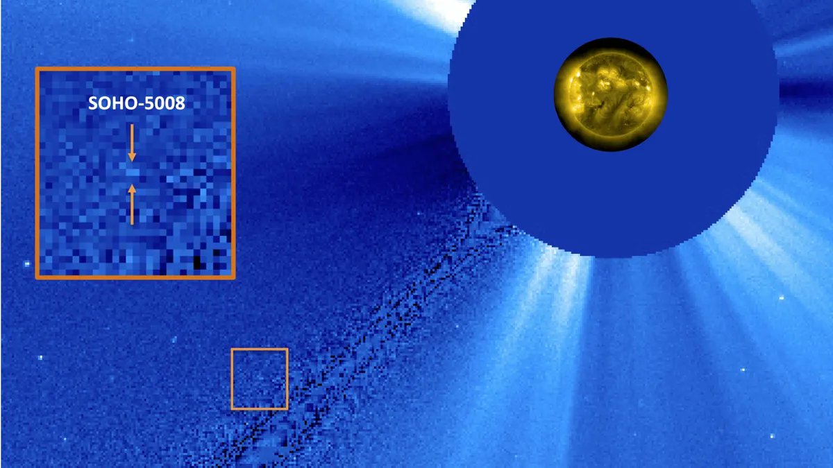 El 8 de abril, solo unas horas antes del eclipse solar total, un astrónomo aficionado descubrió un pequeño cometa muy cerca de nuestra estrella natal. El nuevo objeto fue fotografiado durante la totalidad antes de desintegrarse en la nada más tarde el mismo día. (📷ESA/NASA)