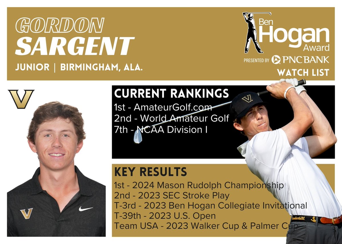 Gordon Sargent of @VandyMGolf was a Ben Hogan Award presented by @PNCBank Finalist a year ago and is back in contention for college and amateur golf's top honor again in 2024.