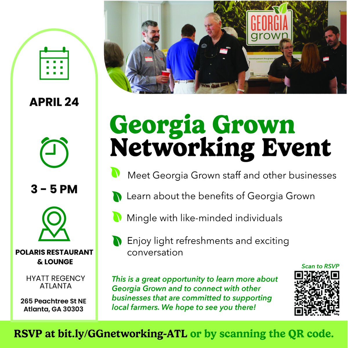 We hope you’ll join us at the next #GeorgiaGrown Networking Event on April 24, 3-5 PM at the Polaris Restaurant in the Hyatt Regency Atlanta! Connect with our Georgia Grown team, local businesses, and farmers. All are welcome! 

Register by April 17 ➡️ bit.ly/GGnetworking-A…