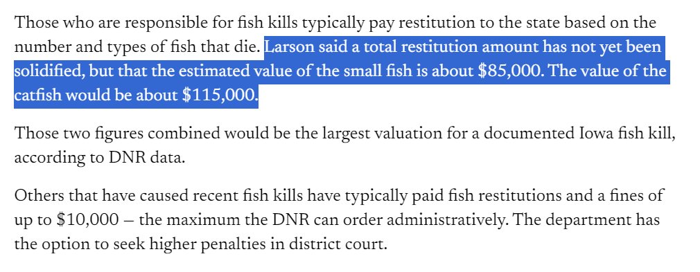 One of the biggest ever fertilizer spills in Iowa has killed more than 750,000 fish and the company responsible might have to pay restitution of about $200,000, or about 26 cents per fish. iowacapitaldispatch.com/2024/03/27/fer…