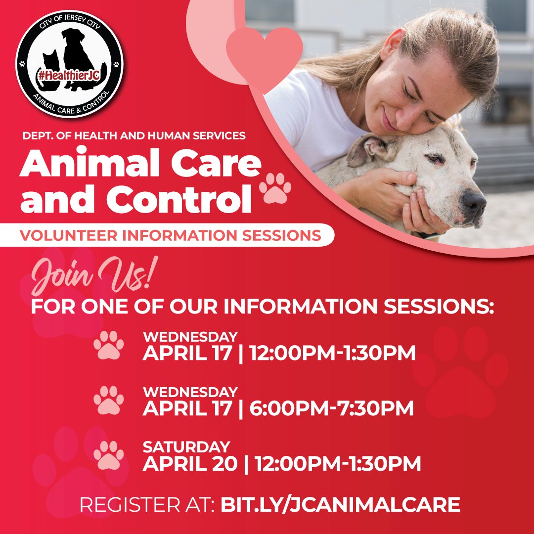 Healthier JC (@healthierjc) on Twitter photo 🐾 Exciting news! Join us for our volunteer information sessions on April 17th & 20th. Learn how you can make a difference in the lives of animals in our community. Click here: BIT.LY/JCANIMALCARE #HealthierJC #AnimalCare #VolunteerOpportunity 🐶🐱<a href="/ServeJerseyCity/">Serve Jersey City</a> @jerseycity 🐾 Exciting news! Join us for our volunteer information sessions on April 17th & 20th. Learn how you can make a difference in the lives of animals in our community. Click here: BIT.LY/JCANIMALCARE #HealthierJC #AnimalCare #VolunteerOpportunity 🐶🐱<a href="/ServeJerseyCity/">Serve Jersey City</a> @jerseycity
