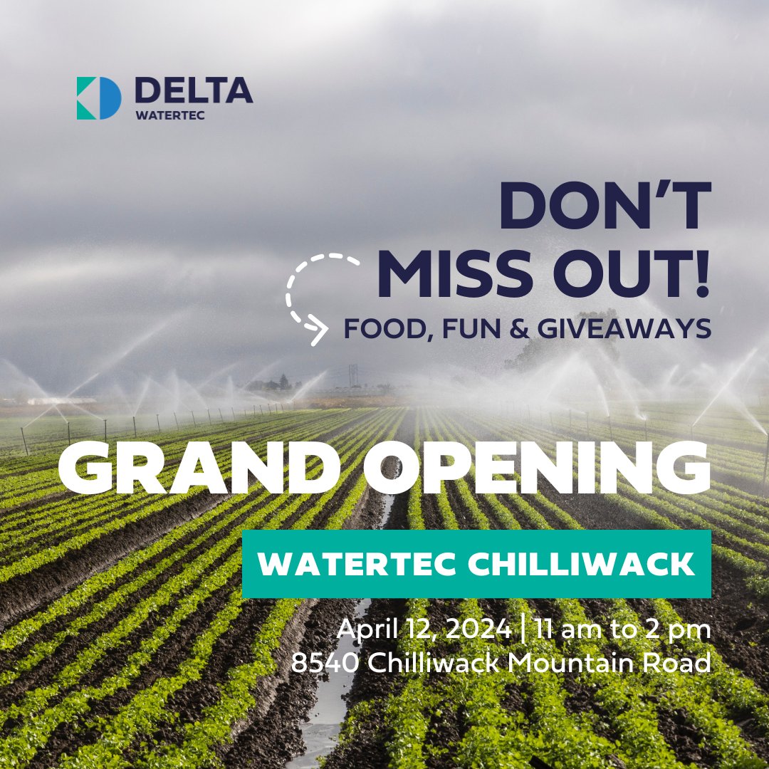DeltaWaterTec's tweet photo. Come and be a part of the excitement as we kick off the grand opening of WaterTec Chilliwack! On Friday, April 12th, we are thrilled to open our doors to the community and invite you to join us in the festivities 🎉

#watertec #irrigation #grandopening #newlocation #giveaways https://t.co/Q8FZGawEhq
