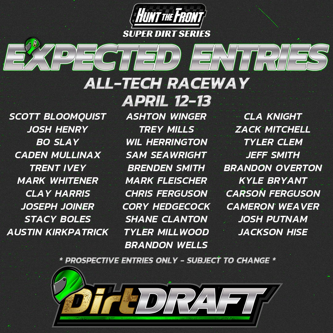 Here’s your @DirtDraft 𝗘𝗫𝗣𝗘𝗖𝗧𝗘𝗗 𝗘𝗡𝗧𝗥𝗜𝗘𝗦 for All-Tech Raceway! 📝 A solid field of 30+ SLMs are en route to All-Tech for the Southbound Throwdown presented by Earth Tek! To watch this weekend… purchase a HTFTV subscription at huntthefront.tv/subscribe. 📺
