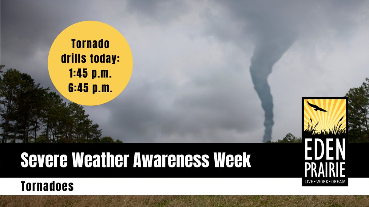 An easy way to get prepared for severe spring and summer weather is to participate in the statewide tornado drills TODAY, April 11, at 1:45 p.m. and 6:45 p.m.

Get tornado safety tips at ow.ly/Al1E50NM6Oi.