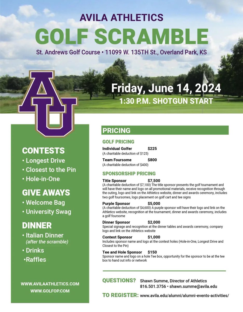 We are excited to announce the Avila Athletics Golf Scramble on Friday, June 14th! Make sure you sign up at the link below! avila.edu/alumni/alumni-… #GoAU | #AvilaFirst | #NoLimits