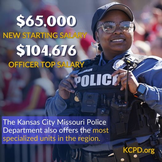 We now offer a new starting salary for recruits and a new top salary. We also have incredible benefits and amazing opportunities within the department. If you have the heart to serve your city, now is the time. Apply at kcpd.org/careers.