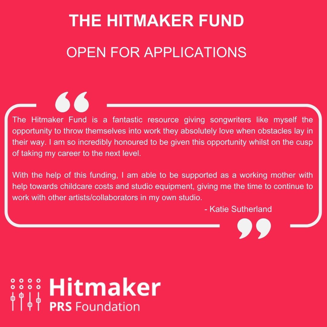 Here’s what #Hitmaker grantee Katie Sutherland has to say on receiving funding. UK based songwriters & producers applying must: • Have a prev. professional track record • Not apply in a performing capacity & state their case as a producer & songwriter   prsfoundation.com/funding-suppor…