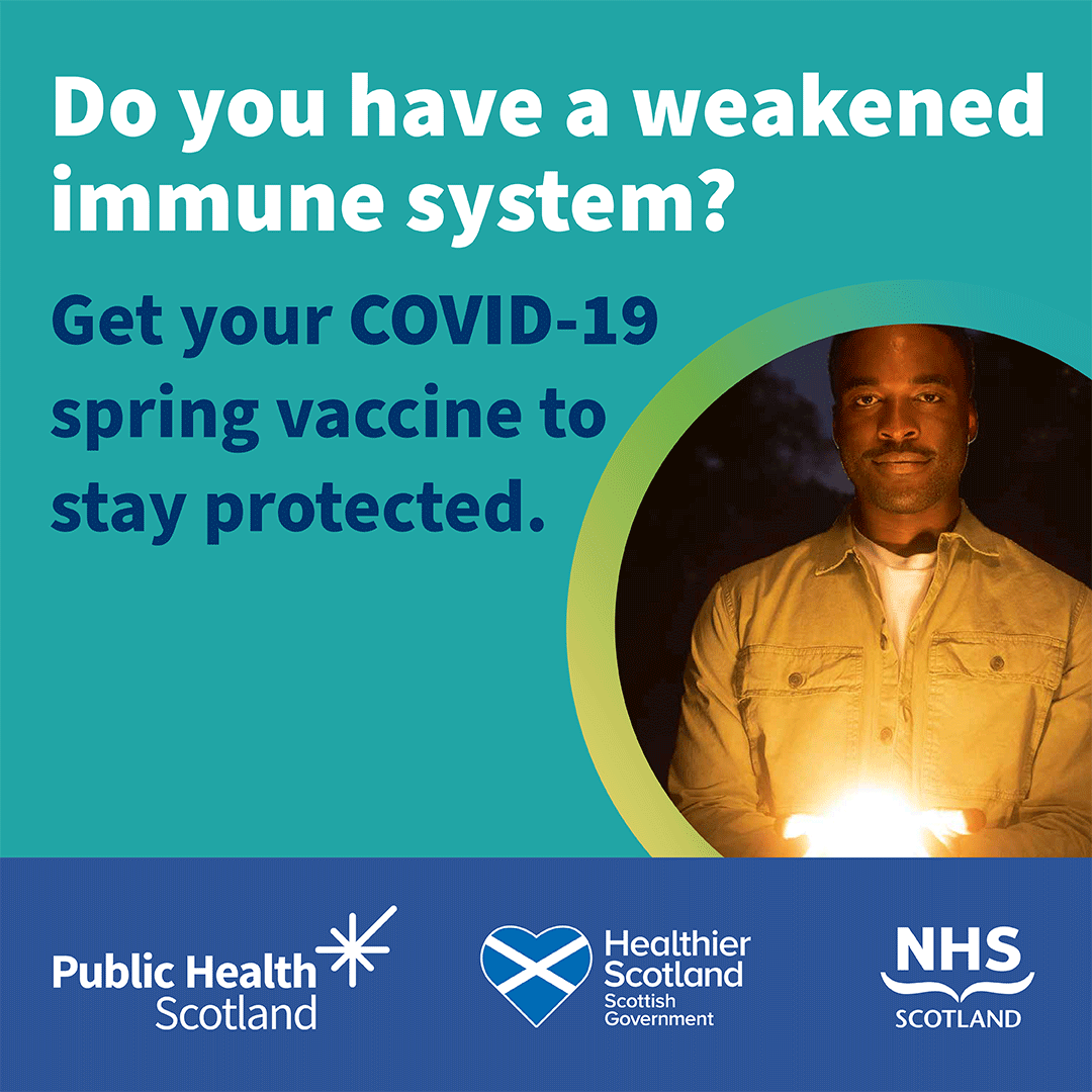 People aged 12+ with a weakened immune system are eligible for the COVID-19 spring vaccine. If your or your child’s appointment date, time or venue doesn’t suit, you can reschedule your appointment at 🔗nhsinform.scot/springvaccine or call 📲 0800 030 8013 for children under 12.