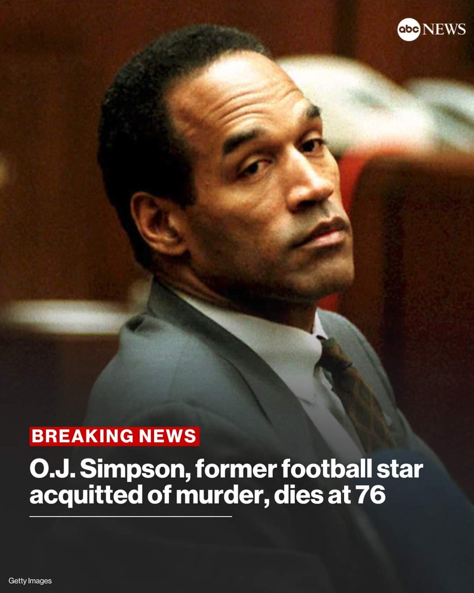 BREAKING: O.J. Simpson, the former football great who was accused of and ultimately acquitted of the brutal 1994 slayings of his ex-wife and her friend, has died, according to his family. He was 76. abcnews.go.com/US/oj-simpson-…
