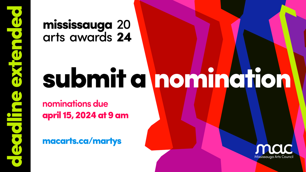 FRIENDLY REMINDER!🚨 Submit your nomination for the 29th Annual Mississauga Arts Awards!✨🏆 Professional Mississauga artists, arts groups and organizations are encouraged to submit a nomination! 📅 Deadline: Mon, April 15, 2024 at 9 AM. Submit at: macarts.ca/martys