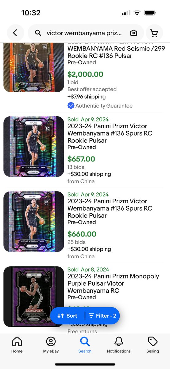 Siccuvit2's tweet photo. Can someone make this make sense!!! @SportsCardInv @CardPurchaser @blezsportscards all of them are from China and the same seller. Something don’t add up. #ScamAlert #what #victor #wemby #panini #ebay #china https://t.co/5sCViVEU1R