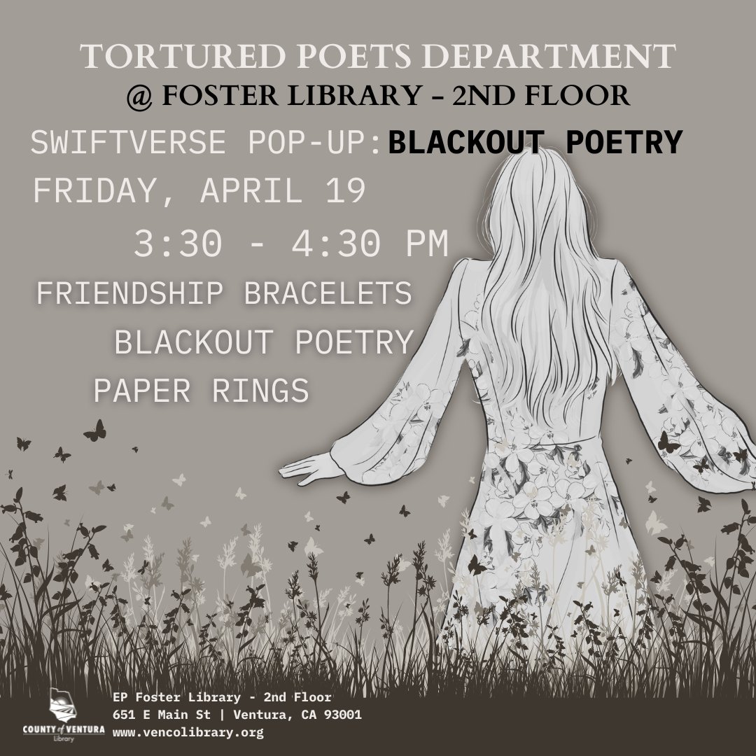 Swiftverse Pop-up: BLACKOUT POETRY April 19 @ 3:30 pm | EP Foster Library – 2nd floor Join us at Foster Library’s Tortured Poets Department for a Swiftverse Pop-up of Blackout Poetry, Friendship Bracelets, Paper Rings and more. Let’s decode a whole new album of songs together.