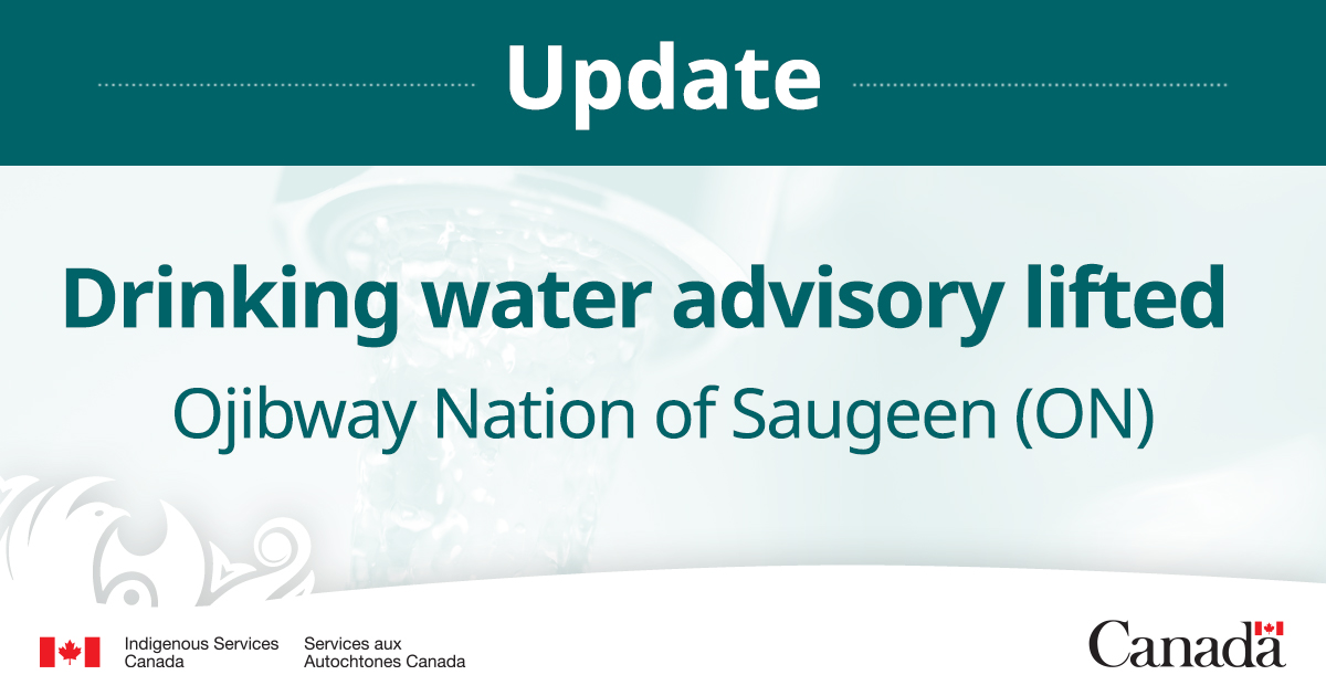 Chief and Council lifted 3 short-term drinking water advisories in the Ojibway Nation of Saugeen. Access to clean drinking water has been restored to the health centre, multipurpose building, and school. ow.ly/zoeU50RcxHO