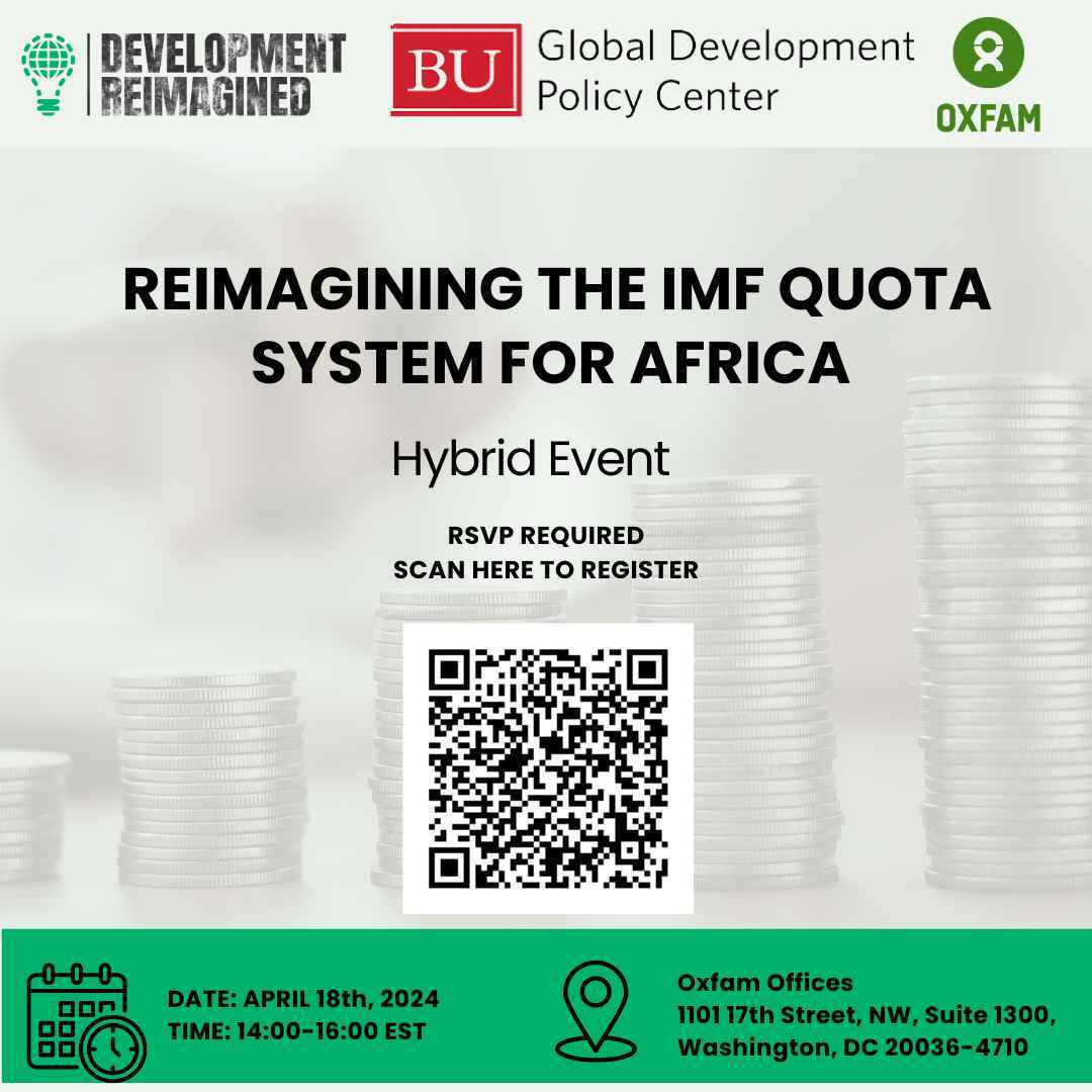 On Thurs., April 18, join us, @DevReimagined + @Oxfam for a hybrid expert panel discussion on reimagining the @IMFNews quota system for Africa. Register to attend: gdpcenter.org/3JawAer