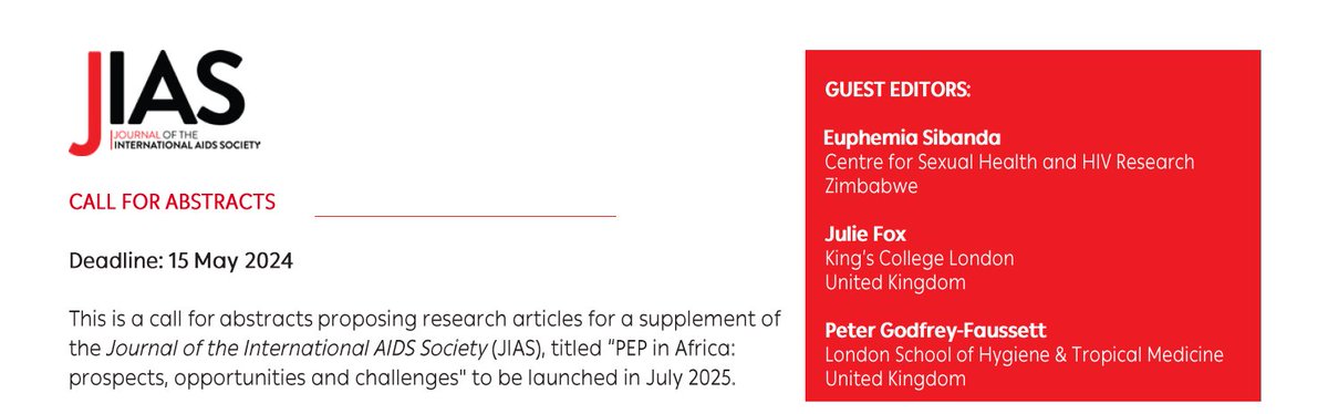 📢Call for abstracts! Send us your abstracts by 15 May 2024 to be considered for a new JIAS supplement on '#PEP in #Africa: prospects, opportunities and challenges' which will be launched in conjunction with #IAS2025. Learn more here bit.ly/3VRM5iY #HIV #prevention