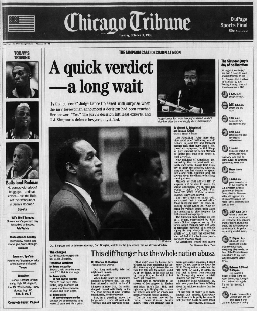 How @chicagotribune played the O.J. Simpson verdict — and Dennis Rodman's arrival in Chicago (Chicago Tribune, Oct. 3, 1995) chicagotribune.newspapers.com/image/16774619…