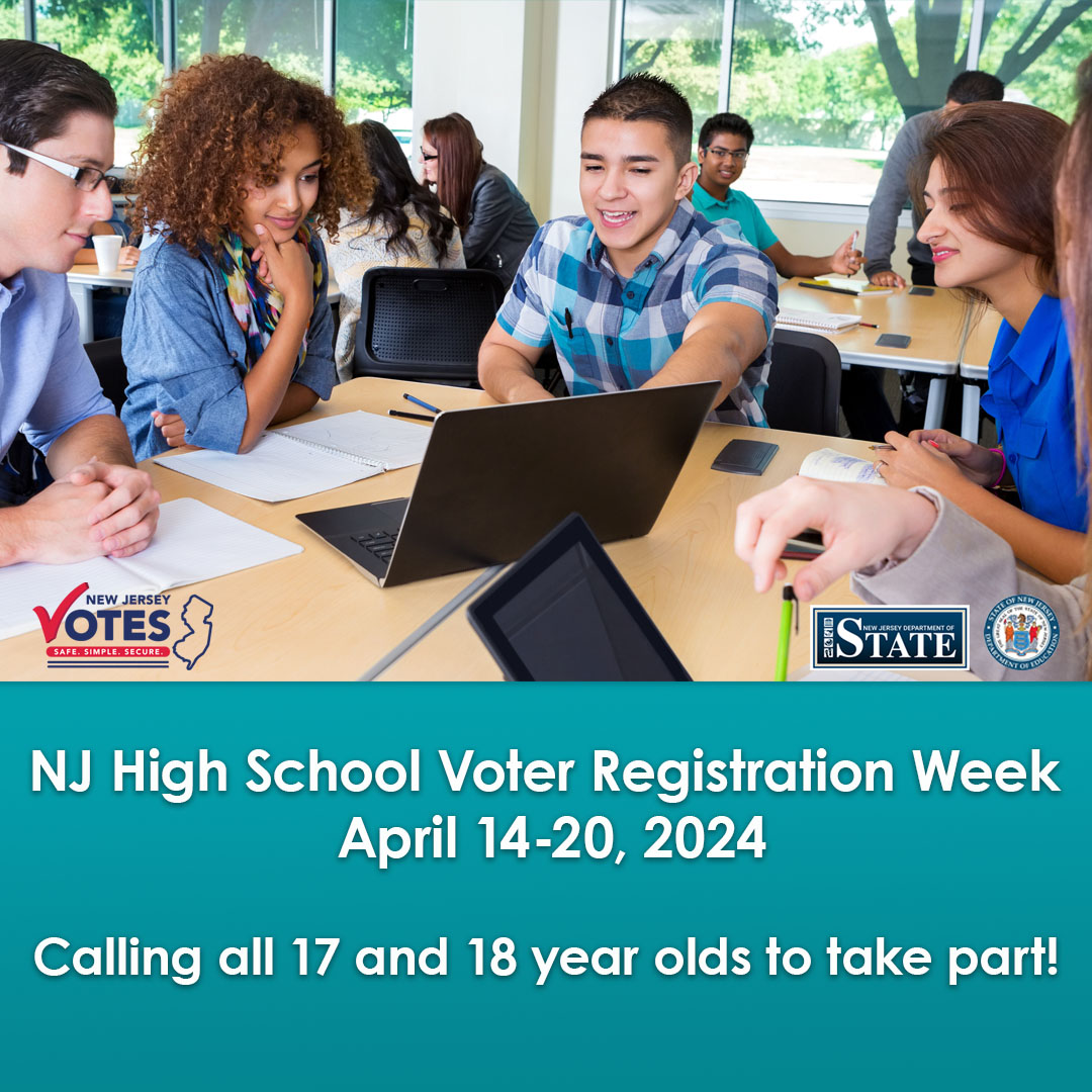 Next week, April 14-20, is NJ High School Voter Registration Week. If you are an eligible 17 or 18 year old we’re calling on you to take part. Find out how your school and community can participate at: nj.gov/state/election… #NJStudentsVote #NJVotes