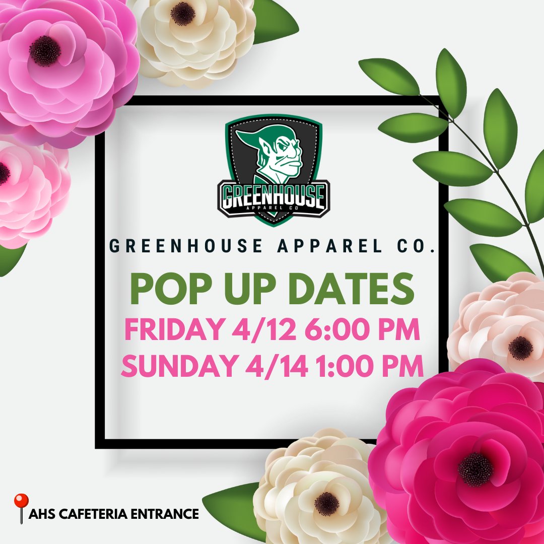 Be sure to visit Greenhouse Apparel Co. this weekend! We will be open during the AHS Musical and Art Show on Friday, April 12th at 6PM and Sunday, April 14th at 1 PM!