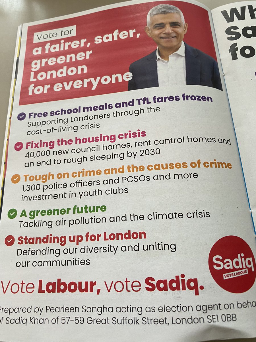 Just received the Mayor of London Assembly elections booklet.

This is the page for the parasite that ruined our capital.

Note ‘Tough on Crime’ .

He’s a lying f****r who has seen crime soar to its highest level mostly by his precious diverse community.

#KhanOut