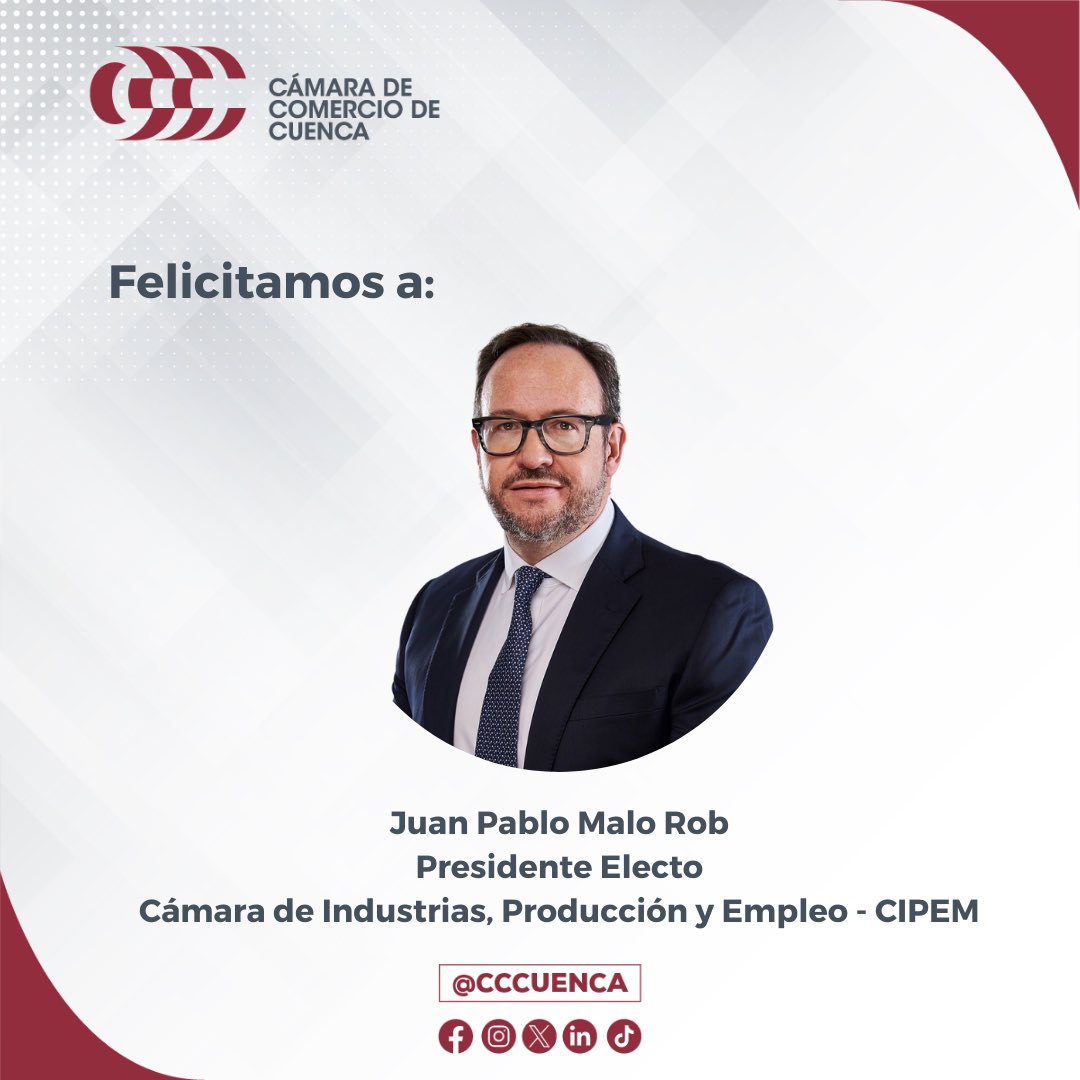 cccuenca's tweet photo. A nombre de la #cccuenca queremos darle la bienvenida al nuevo presidente de la @cipemec 🤝. 

Estamos ansiosos por colaborar juntos en el crecimiento y fortalecimiento de nuestro sector empresarial. 

Éxitos en esta nueva etapa de trabajo conjunto💼 https://t.co/kyL4VWvIHS
