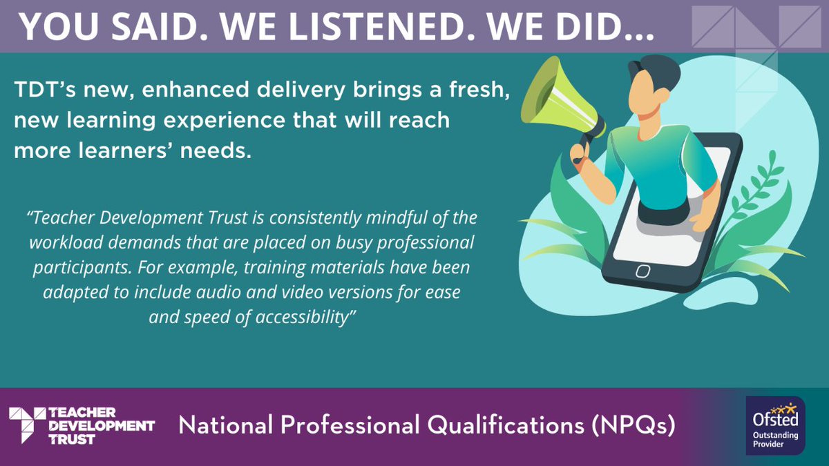 The evidence base underpinning all NPQs is consistent, but the experience you’ll receive depends on which Lead Provider and Delivery Partner you choose...  Find out why TDT NPQ's will work for you 👉 i.mtr.cool/fhkecfemwp  #NPQ #TeacherWellbeing #TeacherCPD