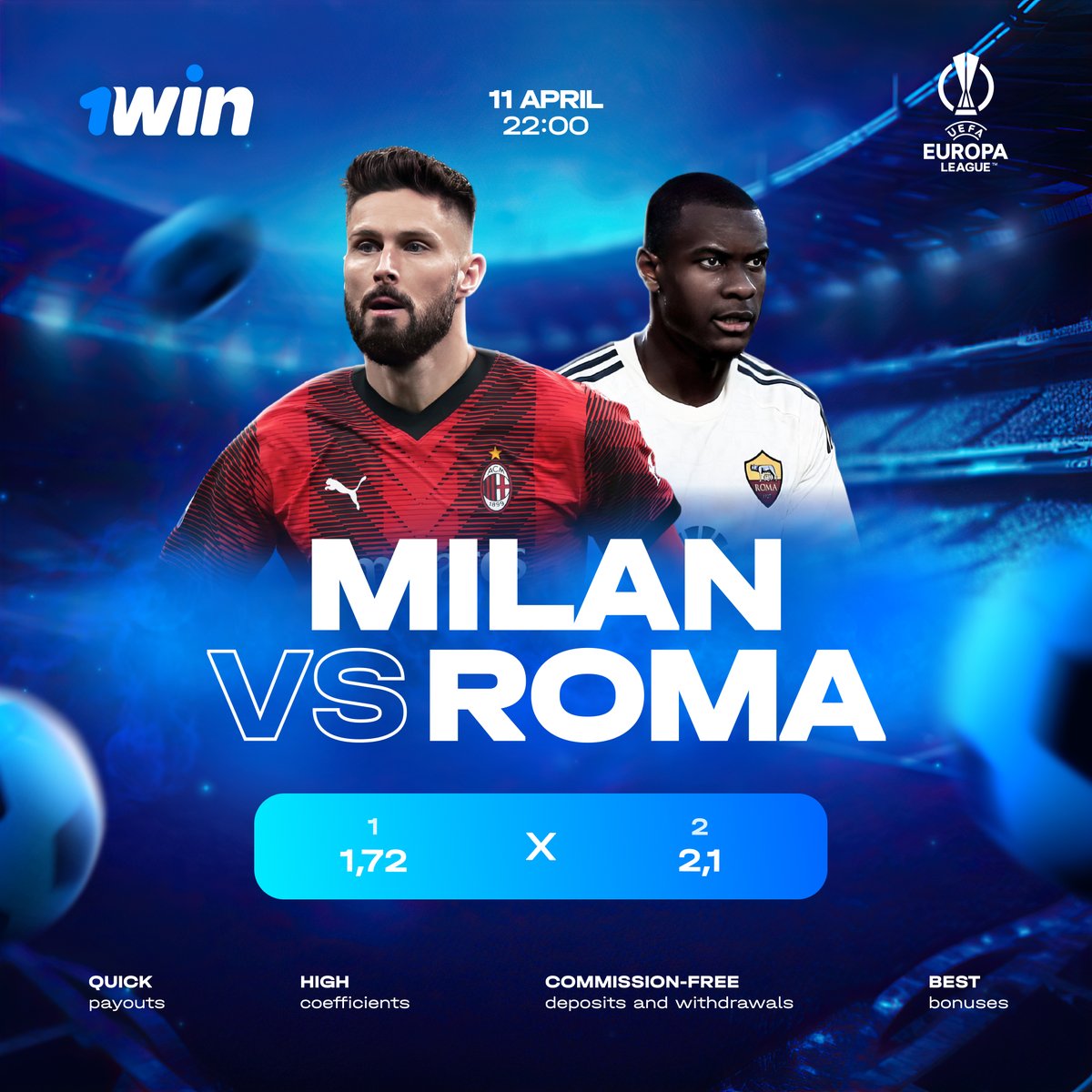 ⚽Italian derby in the Europa League quarter-finals! 🇮🇹AC Milan – AS Roma Both teams reach Europa League quarter-finals in good shape, so this game promises to be really intriguing. 🔗cutt.ly/Dw49Suj8 | #1win | #EuropaLeague | #Matchday | #Milan | #Roma