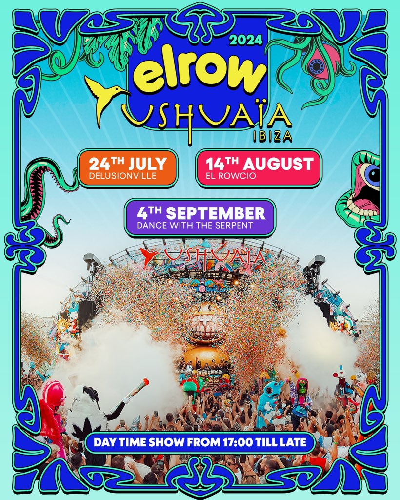 elrow is back at Ushuaïa Ibiza 🌈 July 24th - Delusionville 🐰 August 14th - El Rowcio 💃🏽 September 4th - Dance with the Serpent 🐍 Tickets/VIP tables on sale now via: l.ushuaiaibiza.com/wEPWVh @elrow_