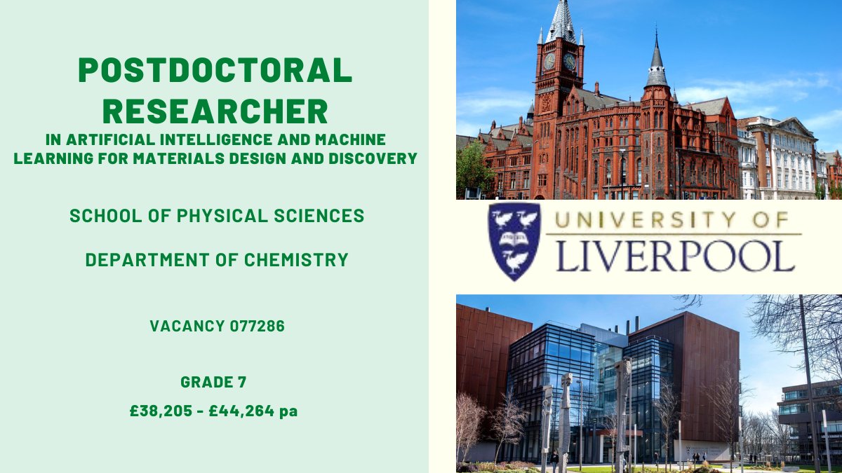 #PDRA @livuniphyssci @RosseinskyGroup Great opportunity for an exceptional #researcher with experience in developing and applying #Artificial #Intelligence and #Machine Learning tools to #materials science. Apply ➡️tinyurl.com/mvsfu39v @LivUniResearch @LeverhulmeTrust