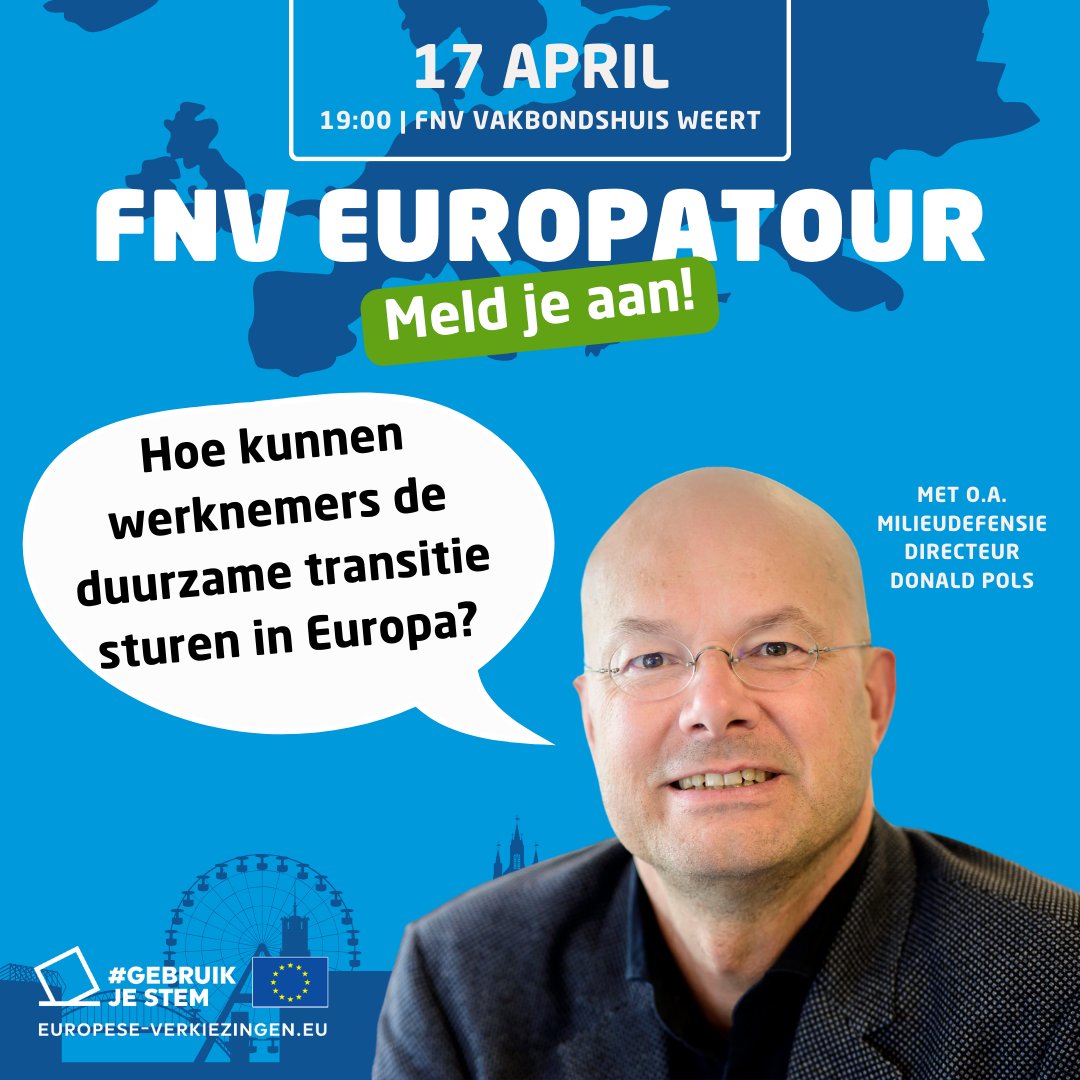 Door de klimaatverandering verandert ons werk ook. Meld je nu aan voor de FNV Europatour in Weert, op woensdagavond 17 april via onderzoek.fnv.nl/?f=4oreqfs72c #GebruikJeStem #FNV #FNVEuropatour @DonaldPols @petra_bolster