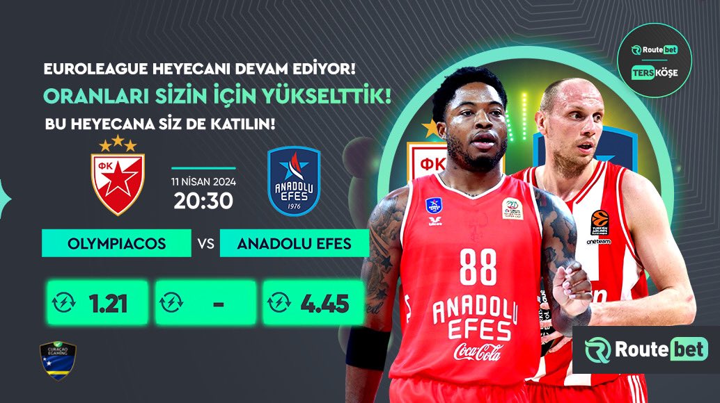 🔼 Oranları Yükselttik! 🏀 Kızılyıldız - Anadolu Efes ⏰ 20:30 📺 Maç Yayını HD Kaliteyle Route TV'de! 🎁 %20 Yatırım Bonusu 🎁 %25 Kayıp Bonusu Routebet'te Sizleri Bekliyor! 📲 bit.ly/routegiris