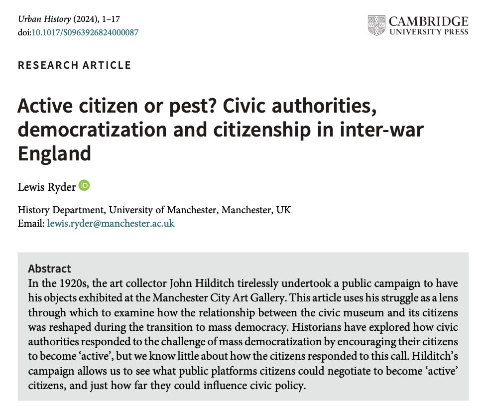 🔓 New #OpenAccess article on #FirstView 🏛️ @LewRyder, 'Active citizen or pest? Civic authorities, democratization and citizenship in inter-war England' 🔗 bit.ly/4alS58d #UrbanHistory