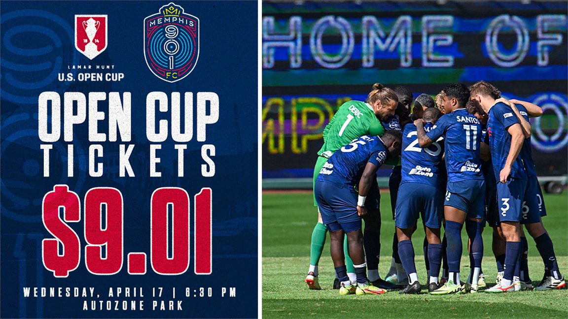 Memphis901FC's tweet photo. 𝐃𝐞𝐟𝐞𝐧𝐝 𝐭𝐡𝐞 𝐌 〽️
All tickets for next Wednesday's Open Cup Match at AutoZone Park are just $9.01! Get yours now and help us #DefendMemphis
🎟️ : https://t.co/ZsQW8Ekm35 https://t.co/Pzi5zo8KVc
