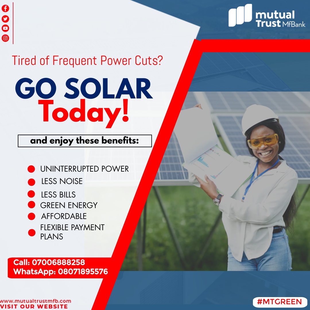 Say hello to affordable and uninterrupted power supply to your homes, shops, and offices. Get a solar energy system from us today to enjoy uninterrupted electricity, flexible repayments, and cost savings #solarenergy #gosolar #uninterruptedpowersupply #solarloan #solarloanabuja