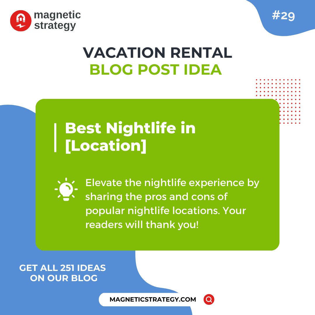 Elevate the nightlife experience by sharing the pros and cons of popular nightlife locations. Your readers and guests will thank you!

#vacationrentals #vacationrentalmanagers #vrm #shorttermrentals #propertymanagers #propertymanagement #airbnb #vrbo #blogging #contentideas