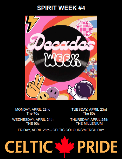 Celtic Cup Standings Have Been Updated following our first-ever March Madness Spirit MONTH! House Brenna has retaken the lead by 9 points from House Merlyn. 

Our next Spirit Week starts on April 22nd with LOTS of participation and bonus point opportunities, so Start Planning!