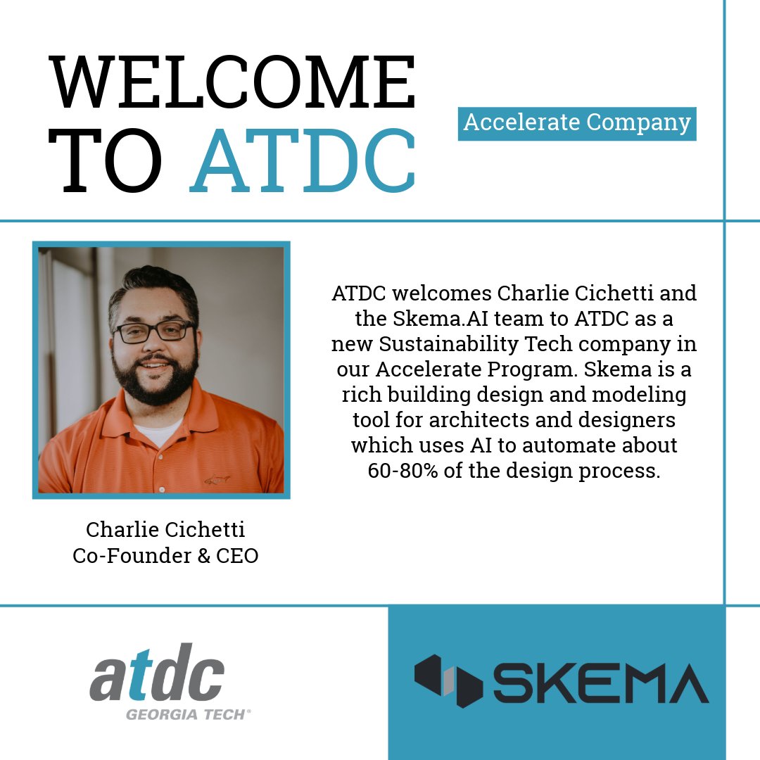 Thrilled to announce the latest addition to ATDC's Accelerate Program: Charlie Cichetti and the innovative Skema.AI team! 🌱 #SustainabilityTech #AIInnovation #BuildingDesign Learn more about Skema.AI here: skema.ai