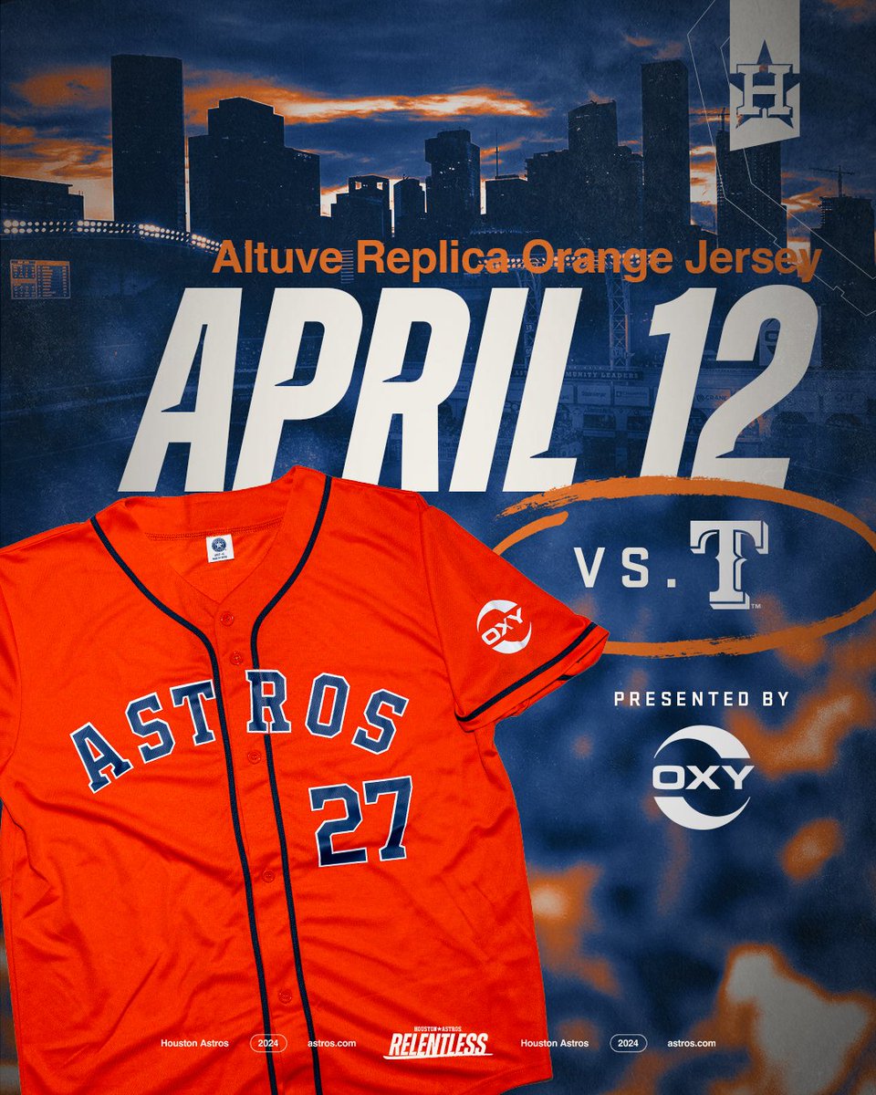 Stock your closet with an Altuve Replica Orange Jersey on April 12th! The first 10,000 fans in attendance will receive this special offer presented by @WeAreOxy. Learn more: astros.com/promotions