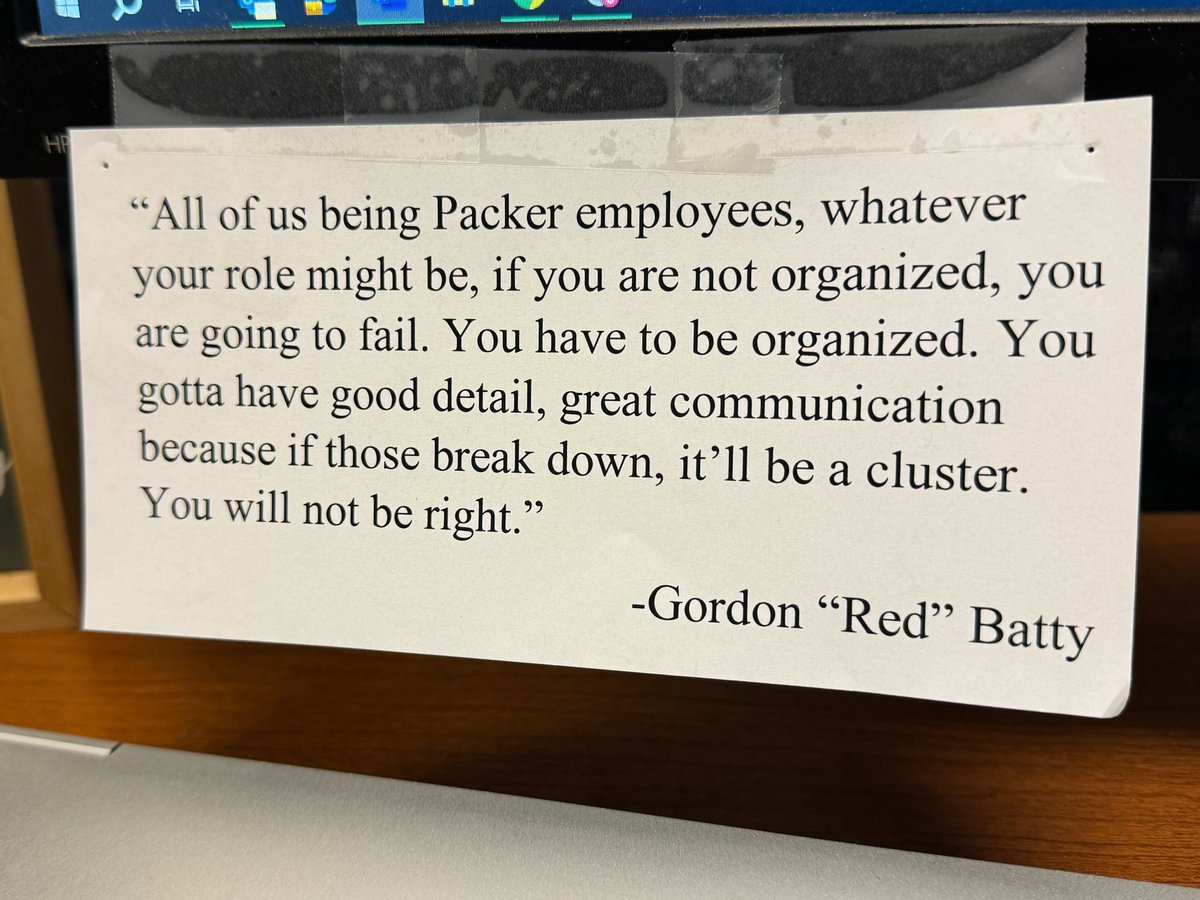 We wrote a photo essay last year on Red & the #Packers equipment staff. I'll probably retweet it here at some point. The story didn't include any direct quotes, but I saved one line from my conversation with Red that'll sit on my desk as long as I'm here.