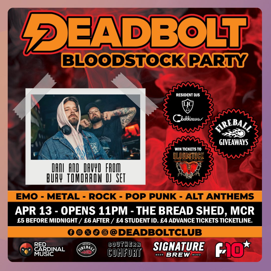 This Saturday @swearboxdj and @danburytomorrow from @burytomorrow takeover the decks at @deadboltclub's Bloodstock party⚡ 📆13th April 2024 📍The Bread Shed, Manchester 🎟️ ticketline.co.uk/order/tickets/… #deadboltclub #alternative #clubnights #mcrnightout #liveonticketline