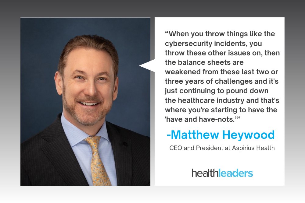 Matt Heywood, president and CEO of @AspirusHealth, recently spoke about the importance of a strong balance sheet for #hospitals right now, especially in the wake of the #ChangeHealthcare attack: healthleadersmedia.com/finance/hospit…

#HealthLeaders #healthcare #cashreserves