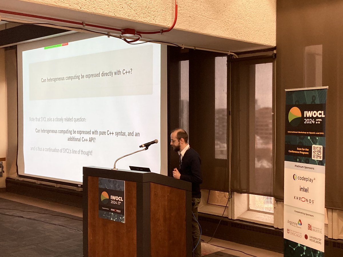 Next up, @illuhad from @UniHeidelberg speaks about the new support for @isocpp standard parallelism based on @SYCLstd in AdaptiveCpp, and provides a smooth path from C++ to SYCL when you need more control whilst maintaining a portable application.