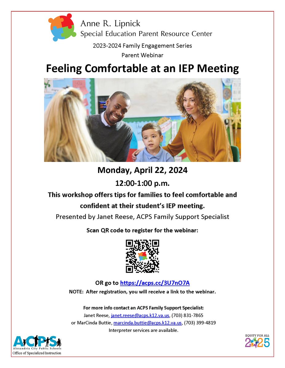 ACPSk12PRC's tweet photo. Join ACPS Parent Resource Center for another #prcparentworkshop, "Feeling Comfortable at an IEP Meeting" on April 22nd, from 12:00-1:00pm. Please register https://t.co/7YqNeKmflR to receive webinar link. https://t.co/E7v2N3eHs0