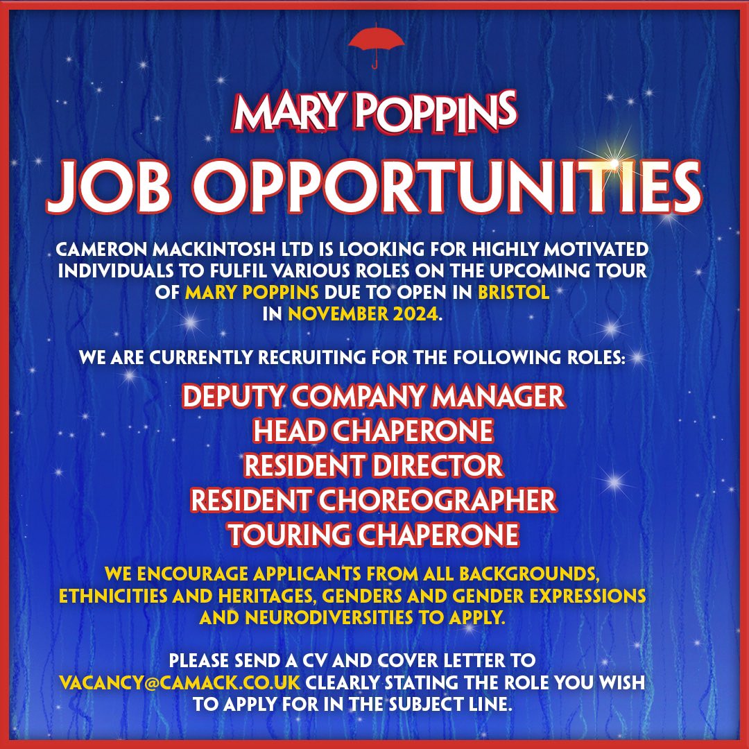 #MaryPoppinsMusical is HIRING! ☂️ Come join us on Cherry Tree Lane 👉 cameronmackintosh.com/jobs