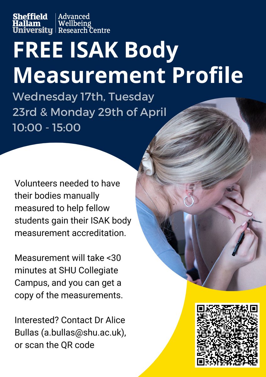 We are holding some free #ISAK body measurment profile sessions at SHU Collegiate Campus over the next few weeks, to help some our students finish their accreditations. If you would like a profile completing get in contact! @shuaspa @TeamHallam @SHUActive
