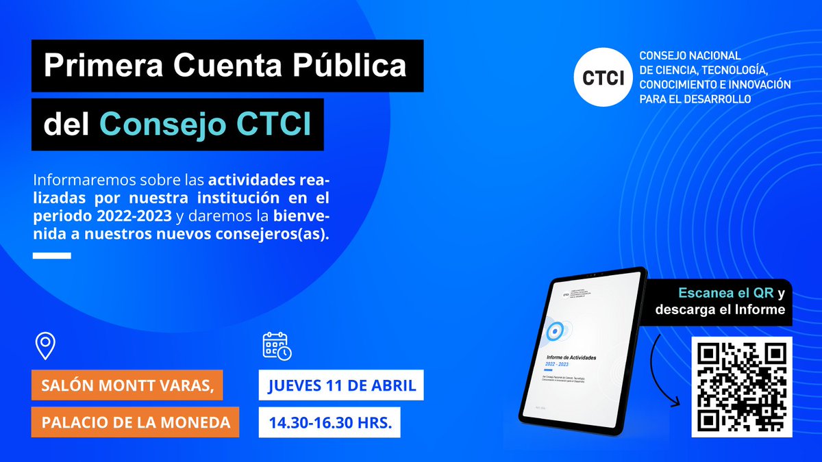 Primera Cuenta Pública del Consejo CTCI

Asiste al evento en el que se dará cuenta de las actividades realizadas por nuestra institución en el periodo 2022-2023 y daremos la bienvenida a nuestros nuevos consejeros(as).

Inscríbete: forms.gle/JSRV57UvHtCmx3…