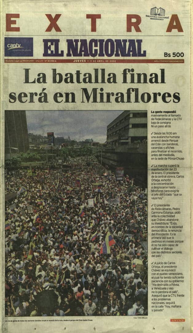 Hoy 11 de Abril se cumplen 22 Años del GOLPE FASCISTA de la “CASTA DE LOS APELLIDOS” para derrocar el gobierno popular del Comandante Chávez, con ellos se confabularon: 1) La casta eclesiástica, su élite (el Cardenal Velasco) 2) La casta mediática RCTV, Venevisión, Televen,…