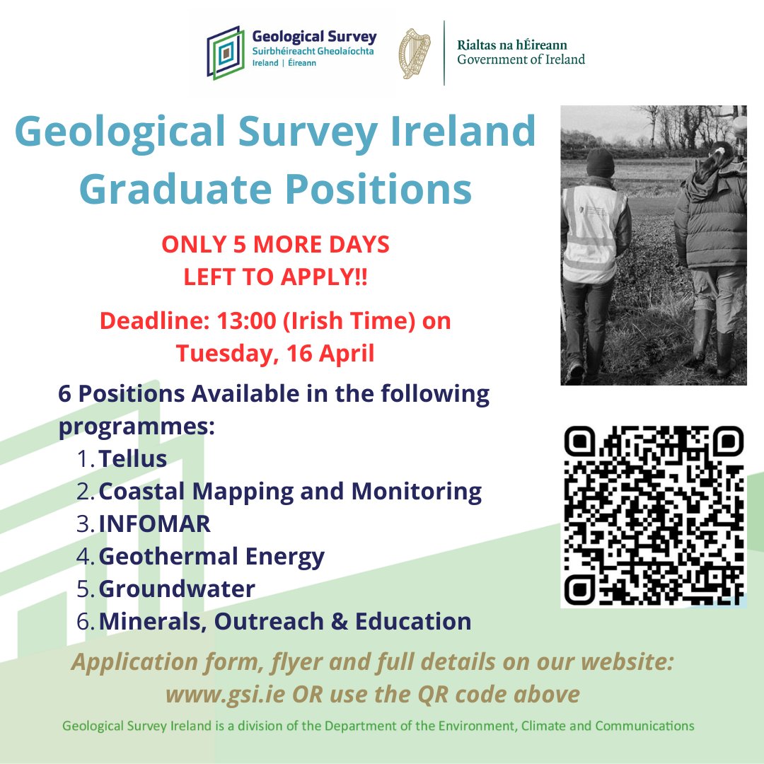 ONLY 5 DAYS LEFT TO APPLY for the @GeolSurvIE @Dept_ECC Graduate programme 2024! Find out more using the QR code below or on our website here: gsi.ie/en-ie/events-a… #graduateposition #geologyjobs #jobfairy #geosceince #graduateopportunities