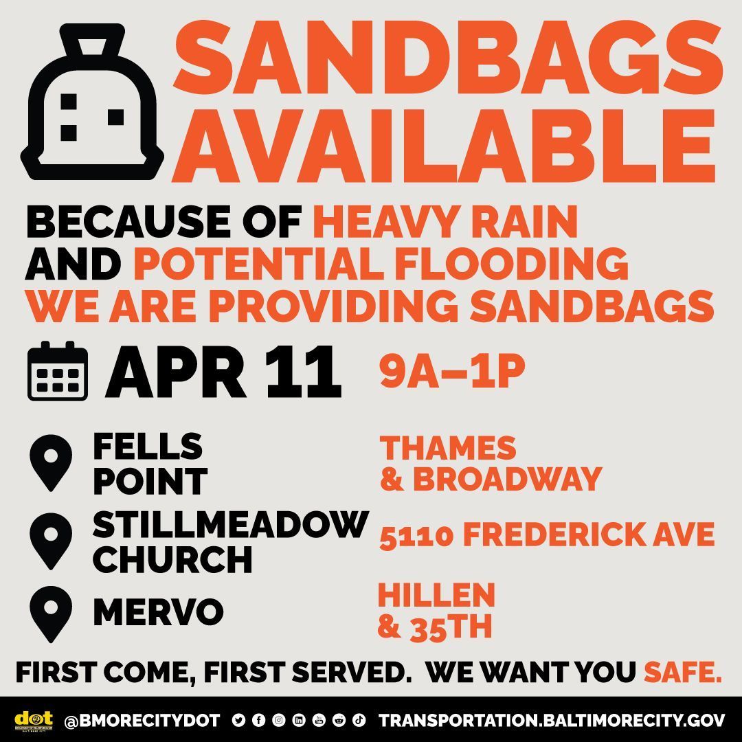 Sandbags Available! Because of the heavy rain and potential flooding, we are providing sandbags, 📆 TODAY, until 1p 📍Fells Point: Thames & Broadway 📍Stillmeadow Church: 5110 Frederick Ave 📍MERVO: Hillen & 35th First Come, First Served. We want you safe.